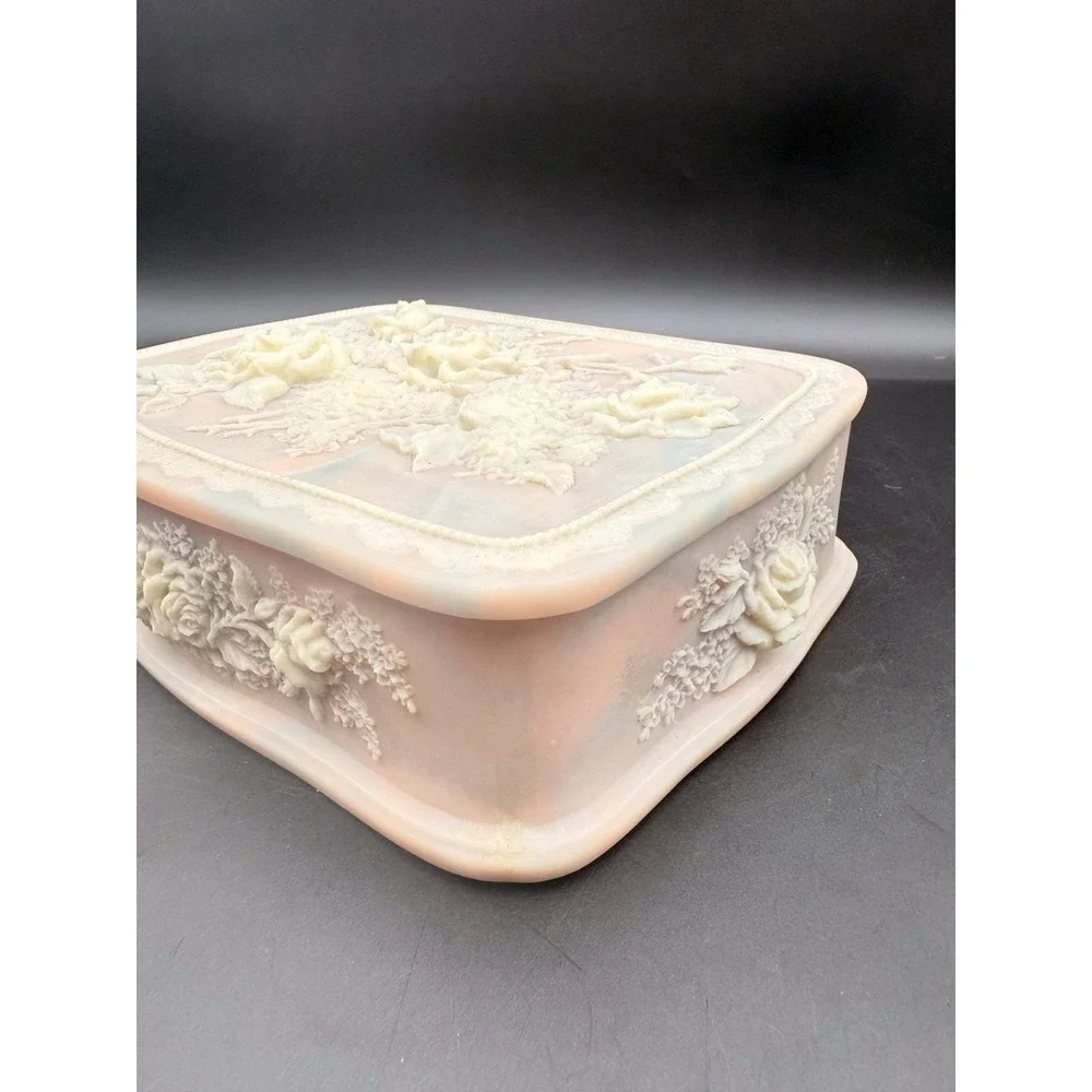 Vintage INCOLAY Pink Stone Flower Bouquet Jewelry Trinket Box